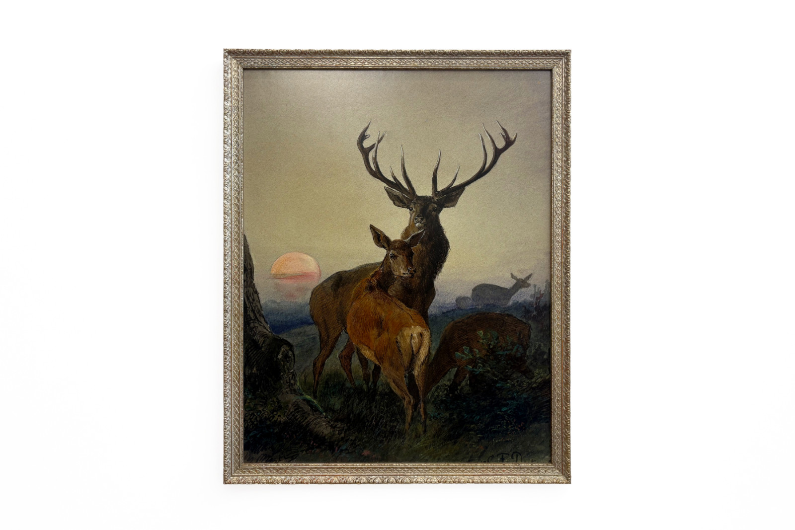 Ein Hirsch mit einem Reh in einer bewaldeten Landschaft bei Sonnenuntergang - Carl Friedrich Deiker