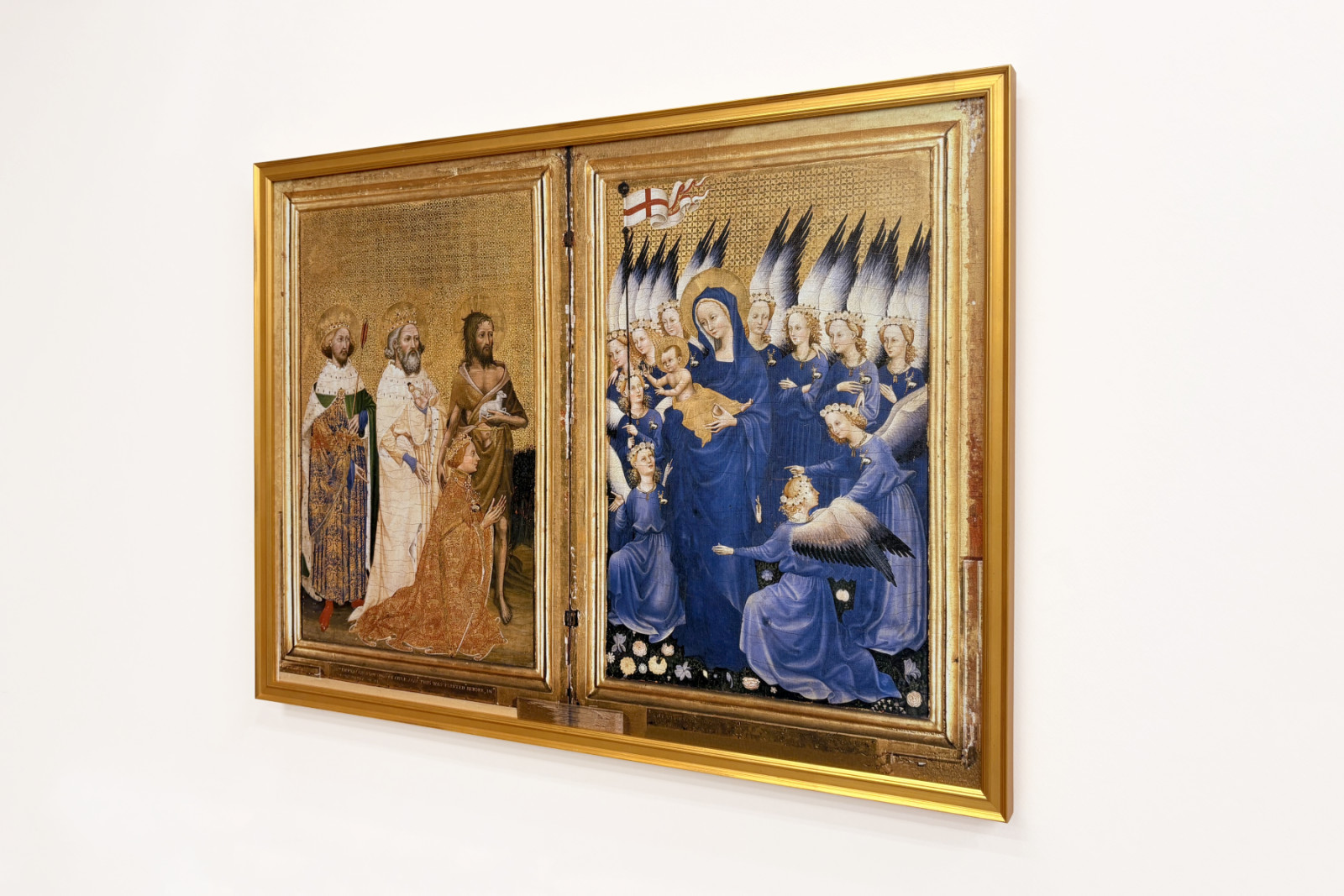 Richard II. wird der Jungfrau und dem Kind von seinem Schutzpatron Johannes dem Täufer und den Heiligen Edward und Edmund vorgestellt, ca. 1395-99 - Master of the Wilton Diptych