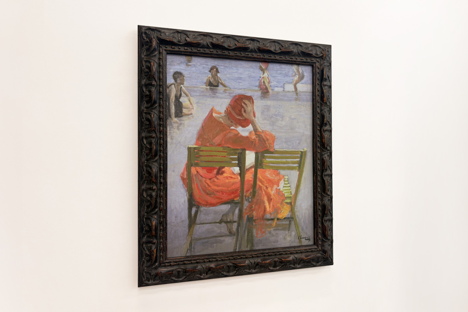 Mädchen im roten Kleid liest am Schwimmbecken - John Lavery