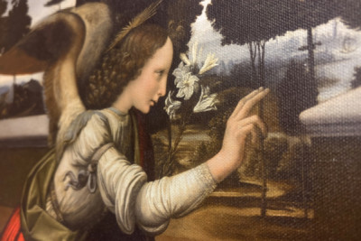 Italien Toskana Florenz, Uffizien: Die Verkündigung, Gemälde von Leonardo da Vinci (1452-1519), Öl auf Holz, ca. 1472-1475, 98x217 cm