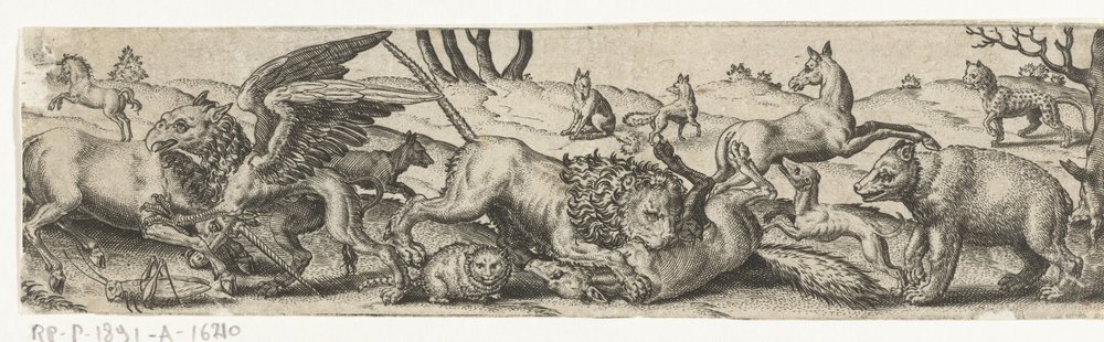 Kämpfende Tiere in einer Landschaft von Abraham de Bruyn