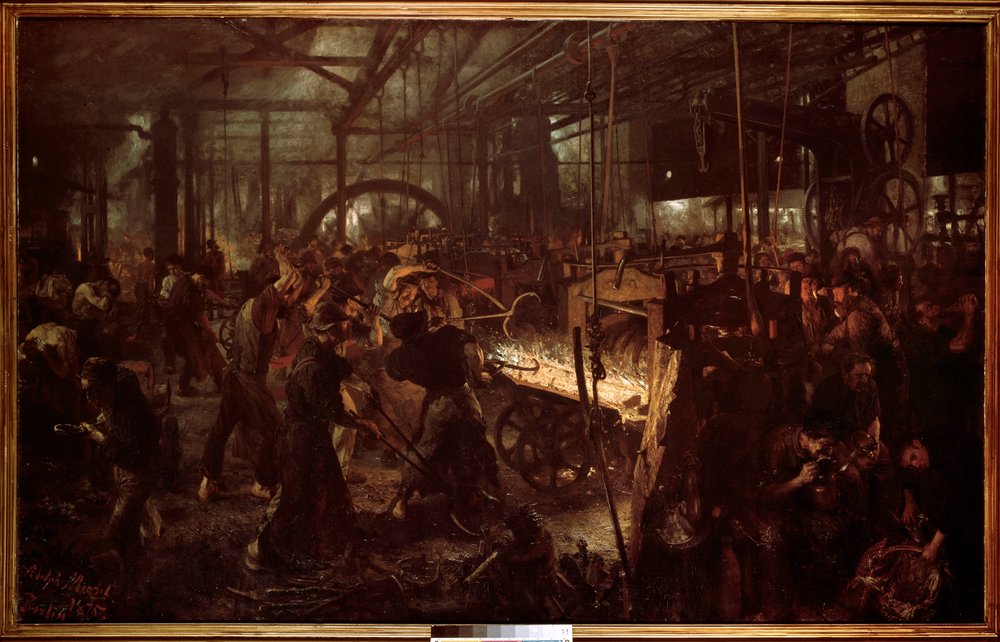 Metallurgie: „Das Eisenwalzwerk, Arbeit in der Schmiede“ von Adolph Menzel