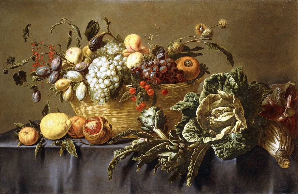 Ein Korb mit Früchten auf einem drapierten Tisch, ca. 1635 von Adriaen van Utrecht