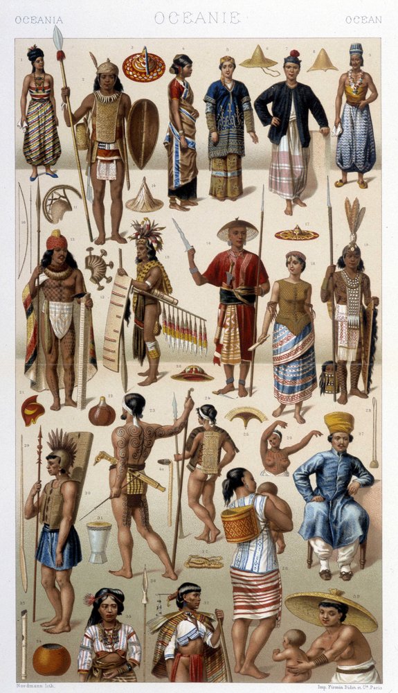 Menschen aus Malaysia und Polynesien (Ozeanien). Illustration in „Le costume historique“ von Racinet von Albert Charles August Racinet