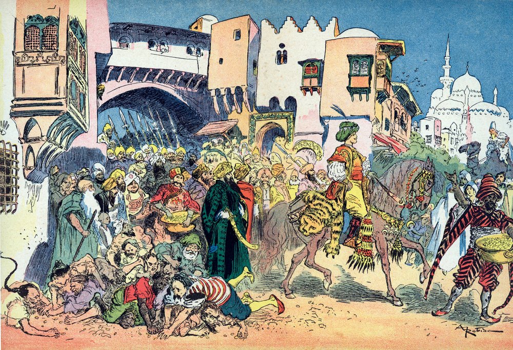 Aladin reitet durch die Straßen der Stadt und wirft Geld um sich