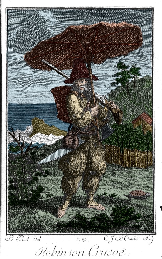 Darstellung von Robinson Crusoe auf seiner einsamen Insel. Gravur von ...