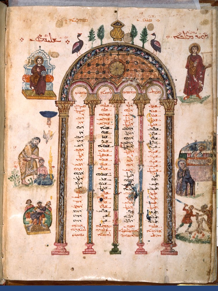 F.4v, Kanontafeln, aus den Rabula-Evangelien, 586 n. Chr.