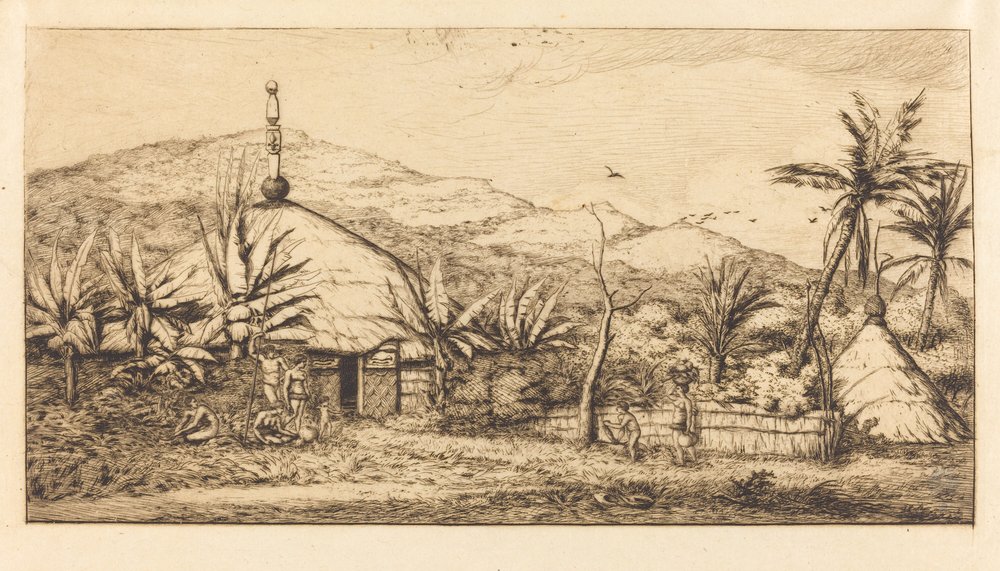 Nouvelle-Calédonie: Grande case indigène sur le chemin de Ballade à Poepo, 1845 von Charles Meryon