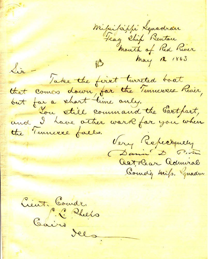 Brief von David D. Porter, U. S. S. Benton, Mündung des Red River, an Seth Ledyard Phelps, Kairo, Illinois, 12. Mai 1863 von David D. Porter