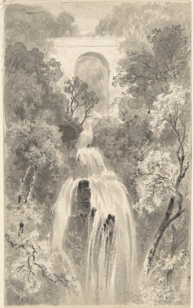 Ansicht eines Wasserfalls (Vorderseite); Landschaftsstudie (Rückseite) von David Octavius Hill