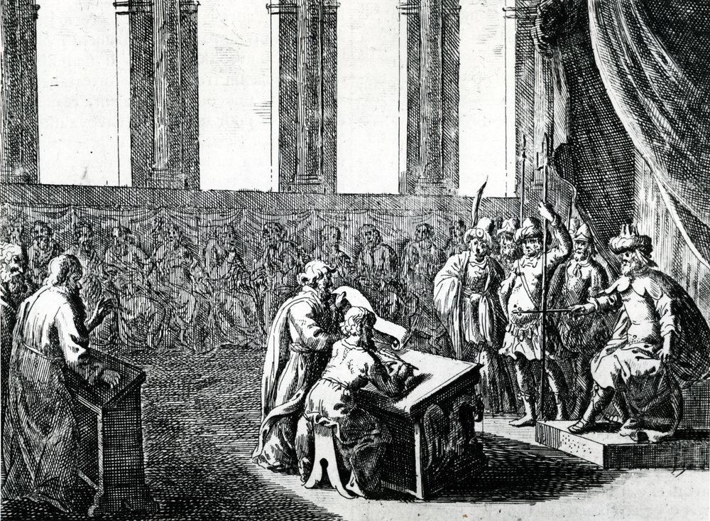 Ptolemaios Philadelphos, König von Ägypten, beruft 72 Männer aus Judäa, um das jüdische Gesetz ins Griechische zu übersetzen, ca. 1700 von Dutch School