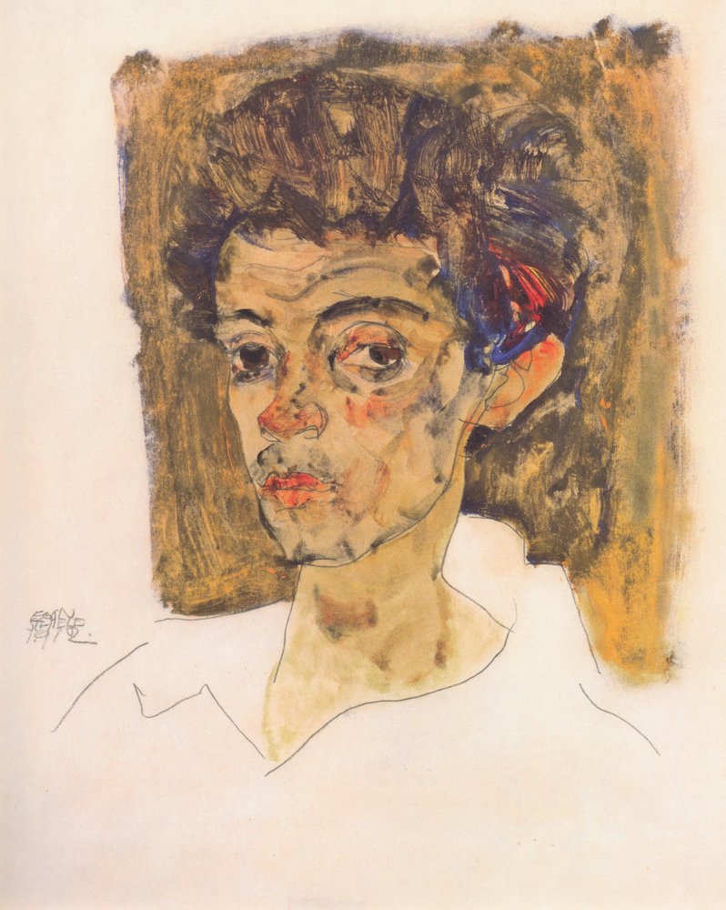 Selbstporträt vor braunem Hintergrund von Egon Schiele