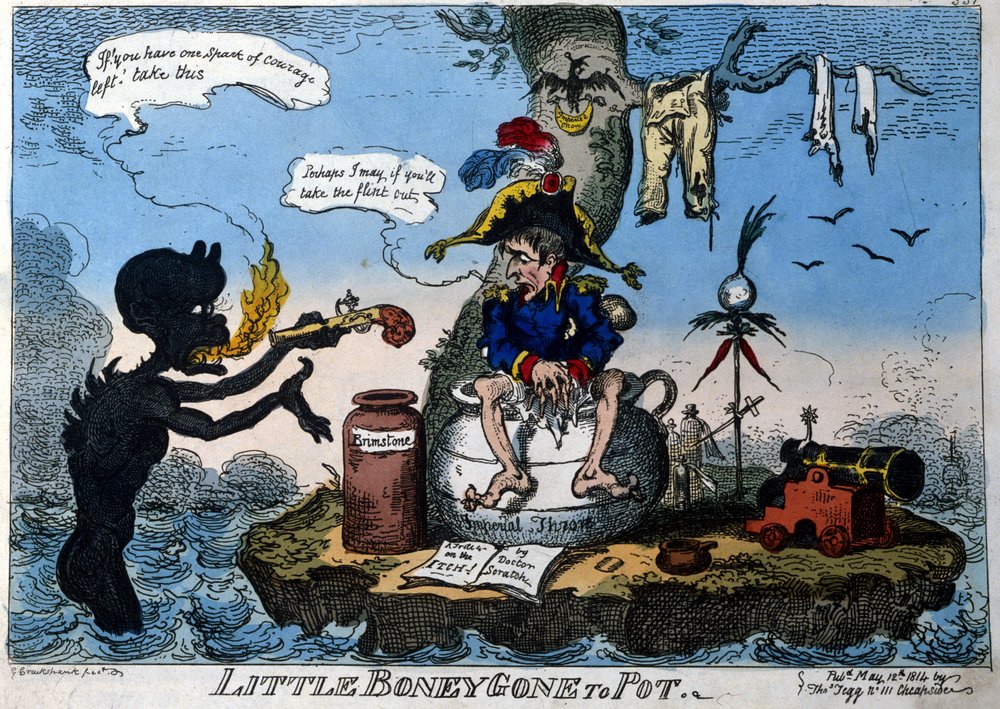 Englische Karikatur, die Kaiser Napoleon I. im Exil auf der Insel Elba ...