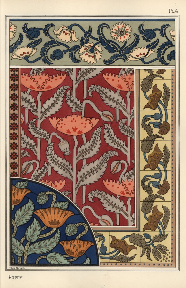 Der Mohn, Papaver somniferum, in Buntglas, Tapeten, Stoff- und ...