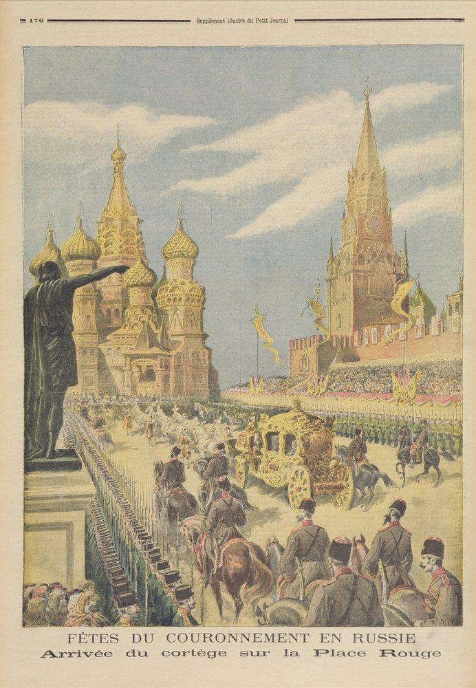 Feier zur Krönung von Zar Nikolaus II. (1894-1917): Ankunft des Gefolges auf dem Roten Platz, aus „Le Petit Journal“, 31. Mai 1896 von Fortune Louis Meaulle and Henri Meyer