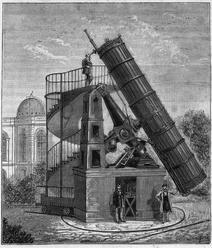 Das große Teleskop der Pariser Sternwarte im 19. Jahrhundert - Gravur in „Sciences à la portée de tous - Physique et chimie populaires“ von Alexis Clerc - Spätes 19. Jahrhundert. Private Sammlung. von French School