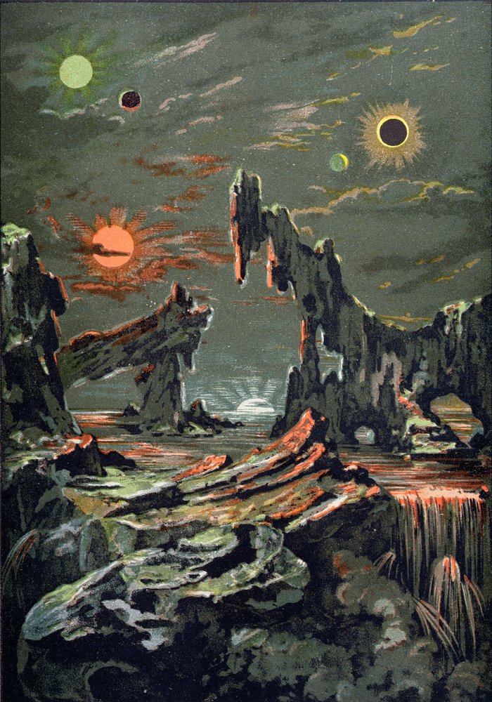 Die Welt von vier Monden und vier Sonnen, Illustration aus LAstronomie Populaire, geschrieben von Camille Flammarion (1842-1925) 1881 von French School
