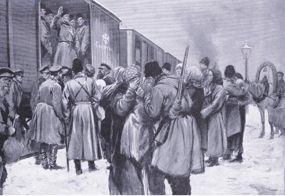 Abreise russischer Truppen in den Fernen Osten, Illustration aus Cassells Geschichte des Russisch-Japanischen Krieges Band 1, ca. 1900 von George Soper