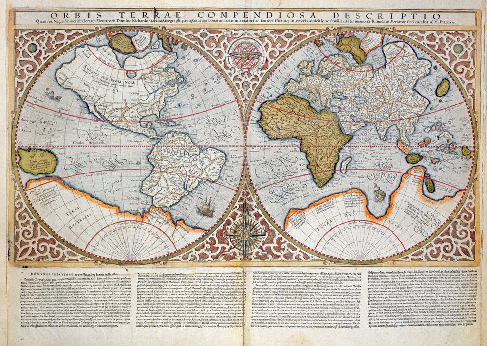 Weltkarte in zwei Hemisphären, 1587 von Gerardus Mercator