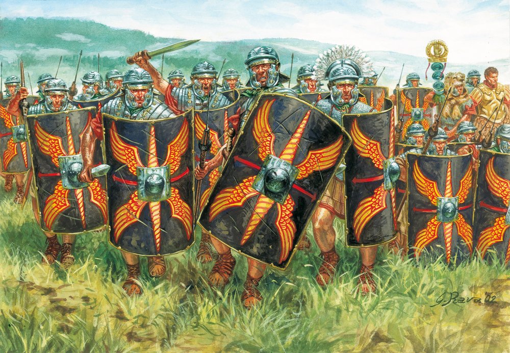 Römische Antike: Eine Gruppe römischer Legionäre (Illustration von Giuseppe Rava) von Giuseppe Rava