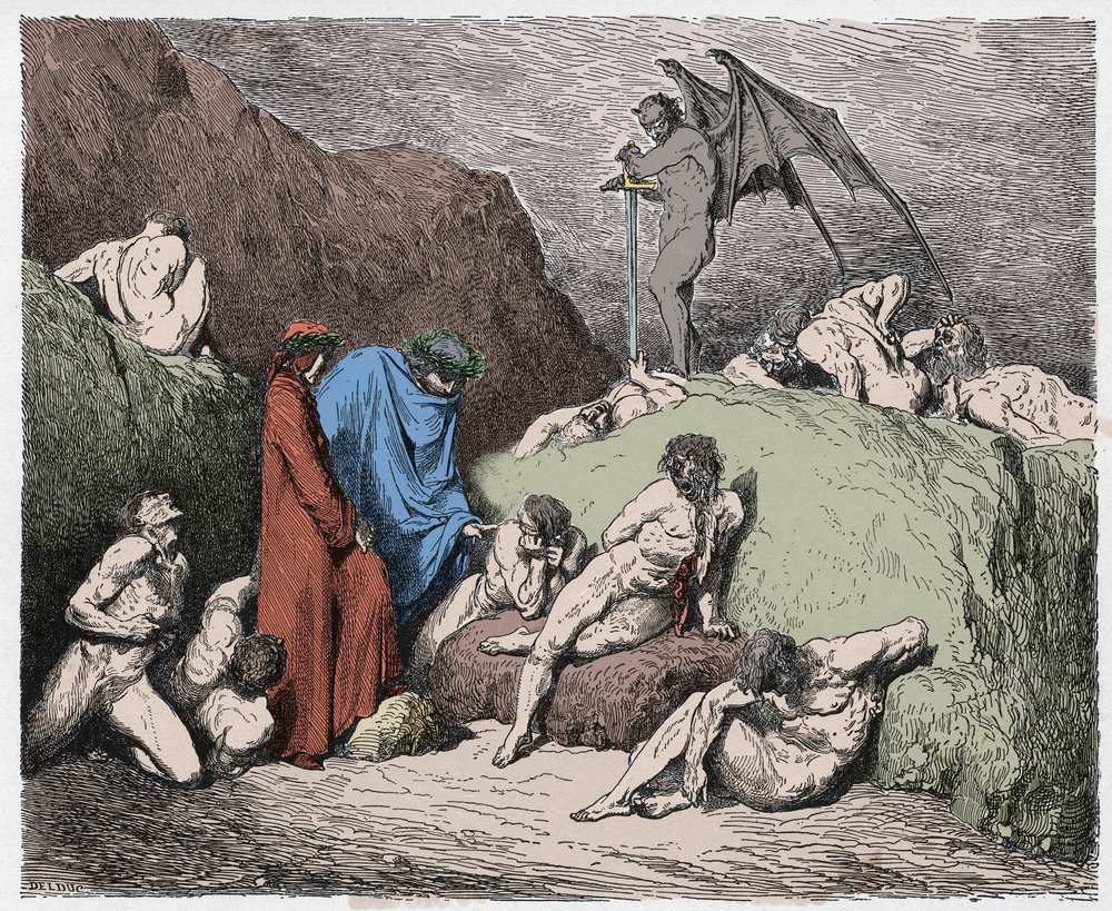 Inferno, 28. Gesang: Verstümmelte Zwietrachtsäer in der neunten Bolgia, Illustration aus der Göttlichen Komödie von Dante Alighieri, 1885 von Gustave after Dore