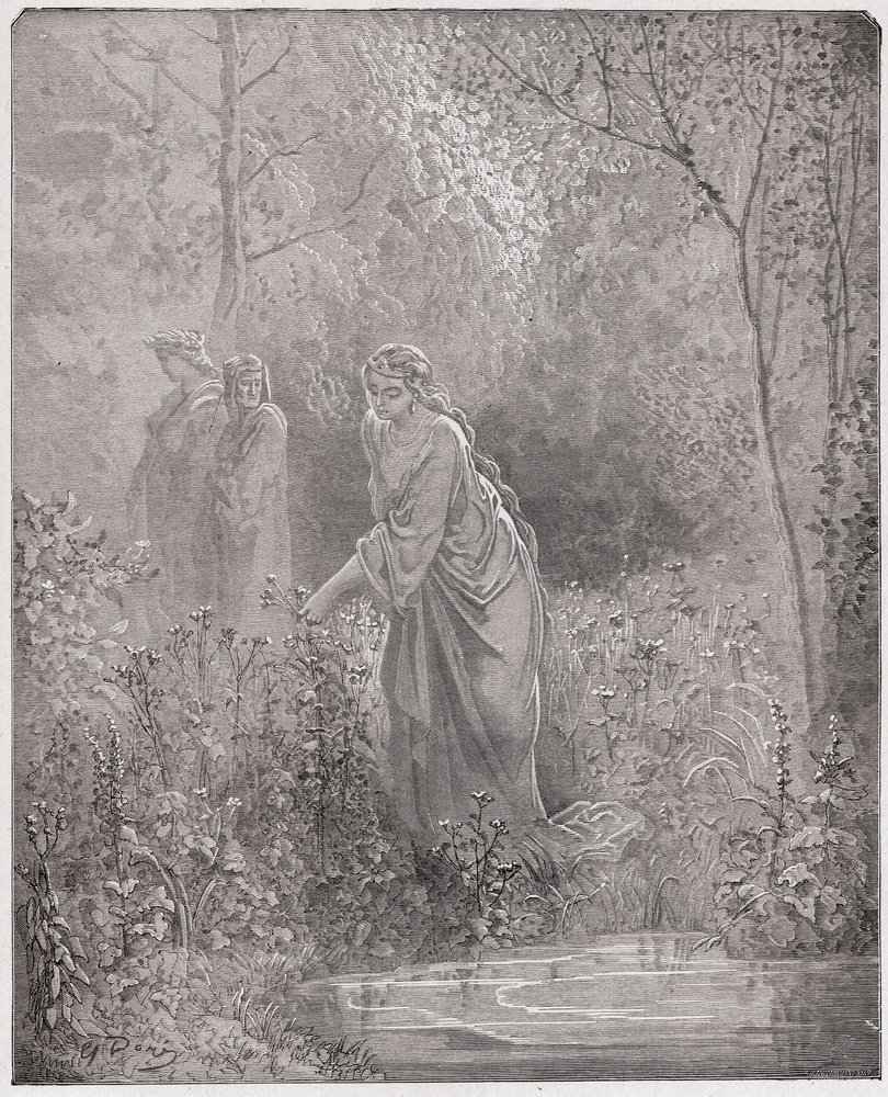 Die Göttliche Komödie, Purgatorio, Gesang 27: Dantes Traum von Leah auf der Wiese - von Dante Alighieri (1265-1321) - Illustration von Gustave Doré (1832-1883) von Gustave Dore