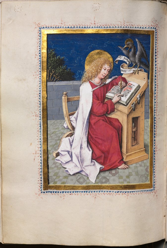 Evangelienbuch mit Evangelistenporträts: Heiliger Johannes von Hausbuch Master