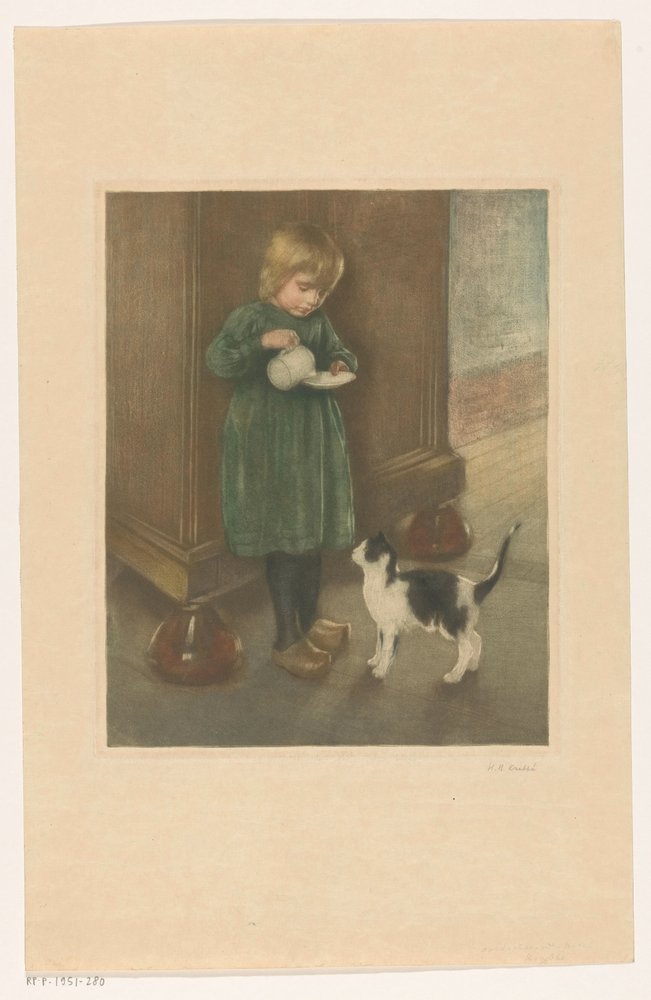Mädchen, das eine Katze füttert von Heinrich M. Krabbé (signed by artist)
