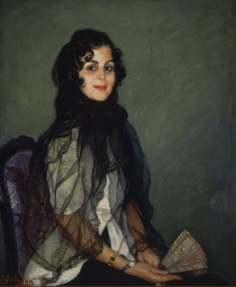 Angustias in Weiß mit schwarzer Mantilla und Fächer - 20. Jahrhundert - 95 x 79 cm von Ignacio Zuloaga y Zabaleta