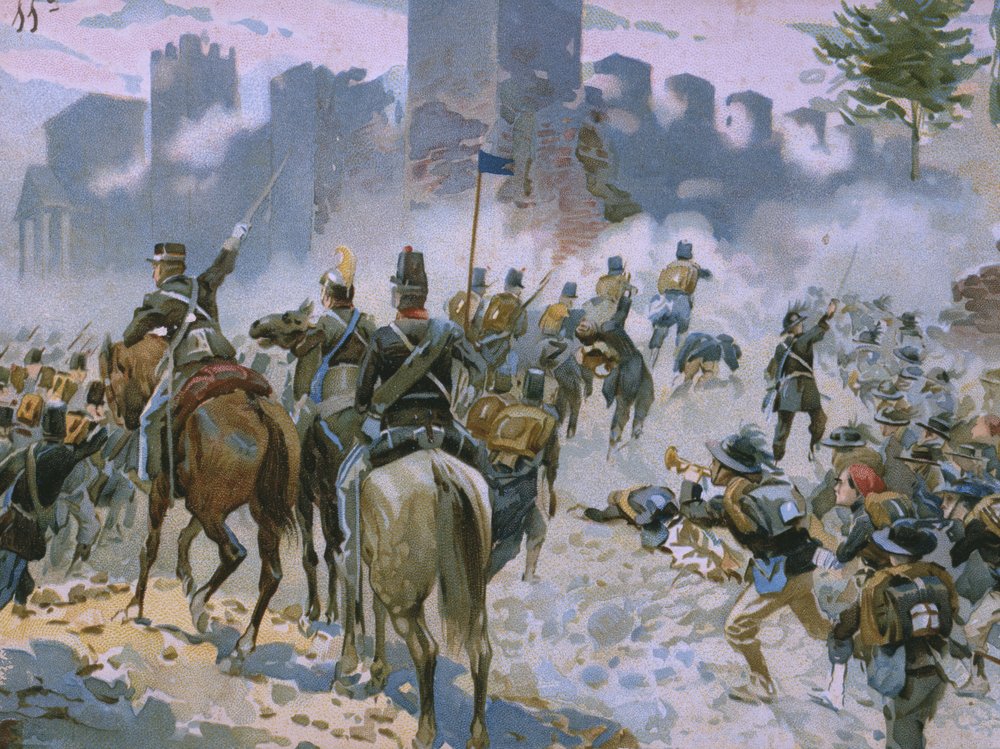 Schlacht von Solferino und San Martino, 24. Juni 1859, Illustration aus einem für die Schokolade Talmone angefertigten Album zur Geschichte des Risorgimento, spätes 19. Jahrhundert von Italian School