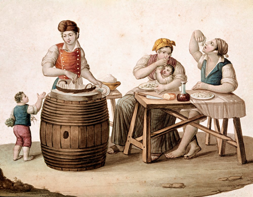 Kleines neapolitanisches Gewerbe: ein Makkaroniverkäufer, neben ihm eine Familie am Tisch, die mit den Händen isst - (Altes Gewerbe: Makkaroniverkäufer und Kunden, die italienische Pasta essen). 19. Jahrhundert. Museo Nazionale di San Martino, Neapel von Italian School