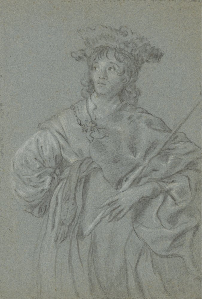 Ein junger Mann mit Pelzhut, der einen Stab hält (recto); Studie des Kopfes eines Mannes mit weißem Kragen (Detail) von Jacob Adriaensz Backer
