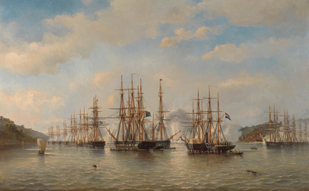 Die niederländischen, englischen, französischen und amerikanischen Geschwader in japanischen Gewässern während der Expedition unter der Leitung des französischen Kommandanten Constant Jaurès von Jacob Eduard van Heemskerck van Beest