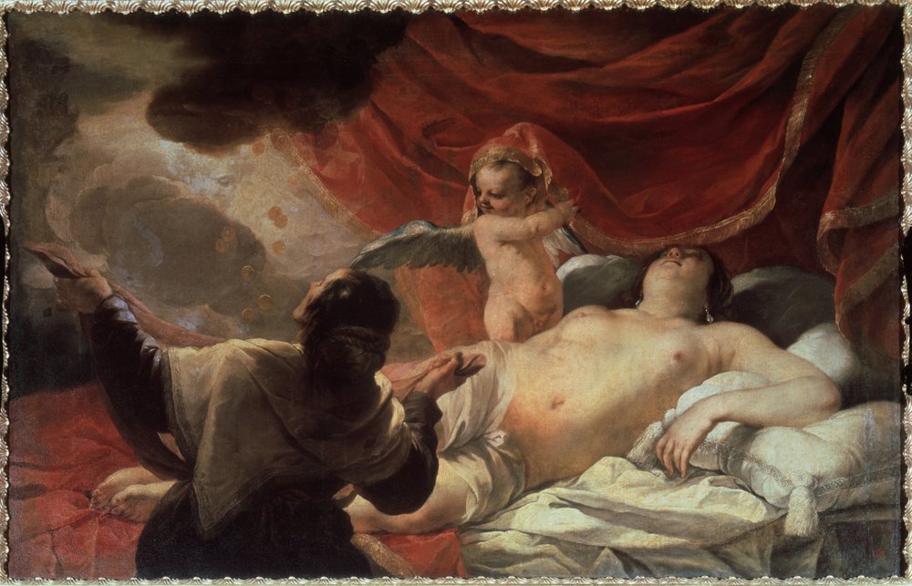 „Danaë“: Zeus erscheint Danaë, um sie in Gestalt eines Regens aus Goldmünzen zu verführen. 17. Jahrhundert, Staatliches Freilichtmuseum Zarskoje Selo, Sankt Petersburg, Russland von Jacques Blanchard