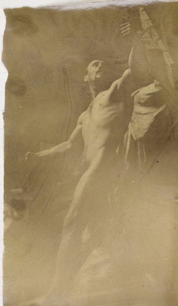 Studie eines männlichen Aktmodells mit der Hand in einer Halterung, von unten gesehen, im Atelier von Jacques de Lalaing von Jacques Lalaing (attributed to)
