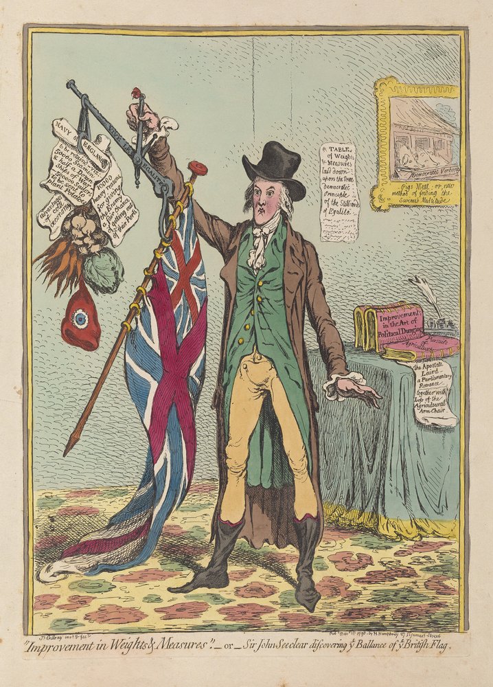 Verbesserung der Gewichte und Maße oder Sir John Seeclear entdeckt jedes Gleichgewicht jeder britischen Flagge, veröffentlicht 1798 von James Gillray