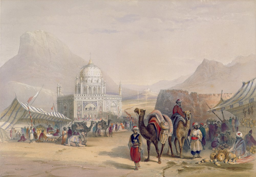 Tempel von „Ahmed Shauh“, König von Afghanistan, Kandahar, Tafel 27 aus „Landschaften, Einwohner und Trachten Afghanistans“, gestochen von Robert Carrick (ca. 1829-1904), 1848 von James Rattray