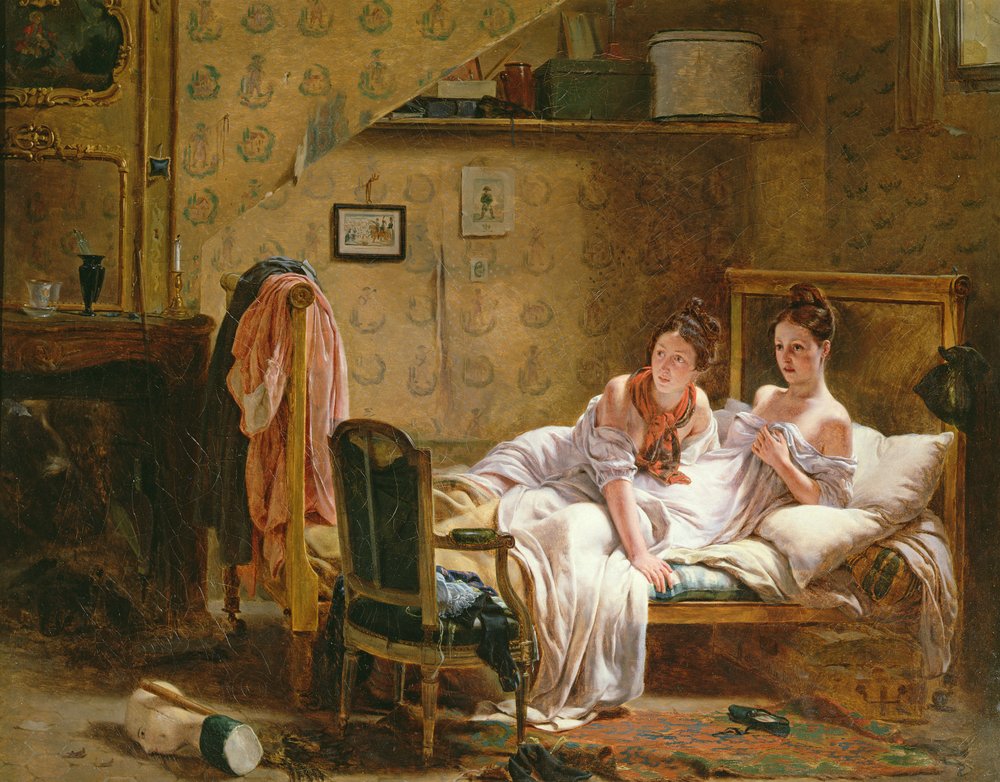 Zwei Frauen in einem Bett, von einer Katze gestört von Jean Alphonse Roehn