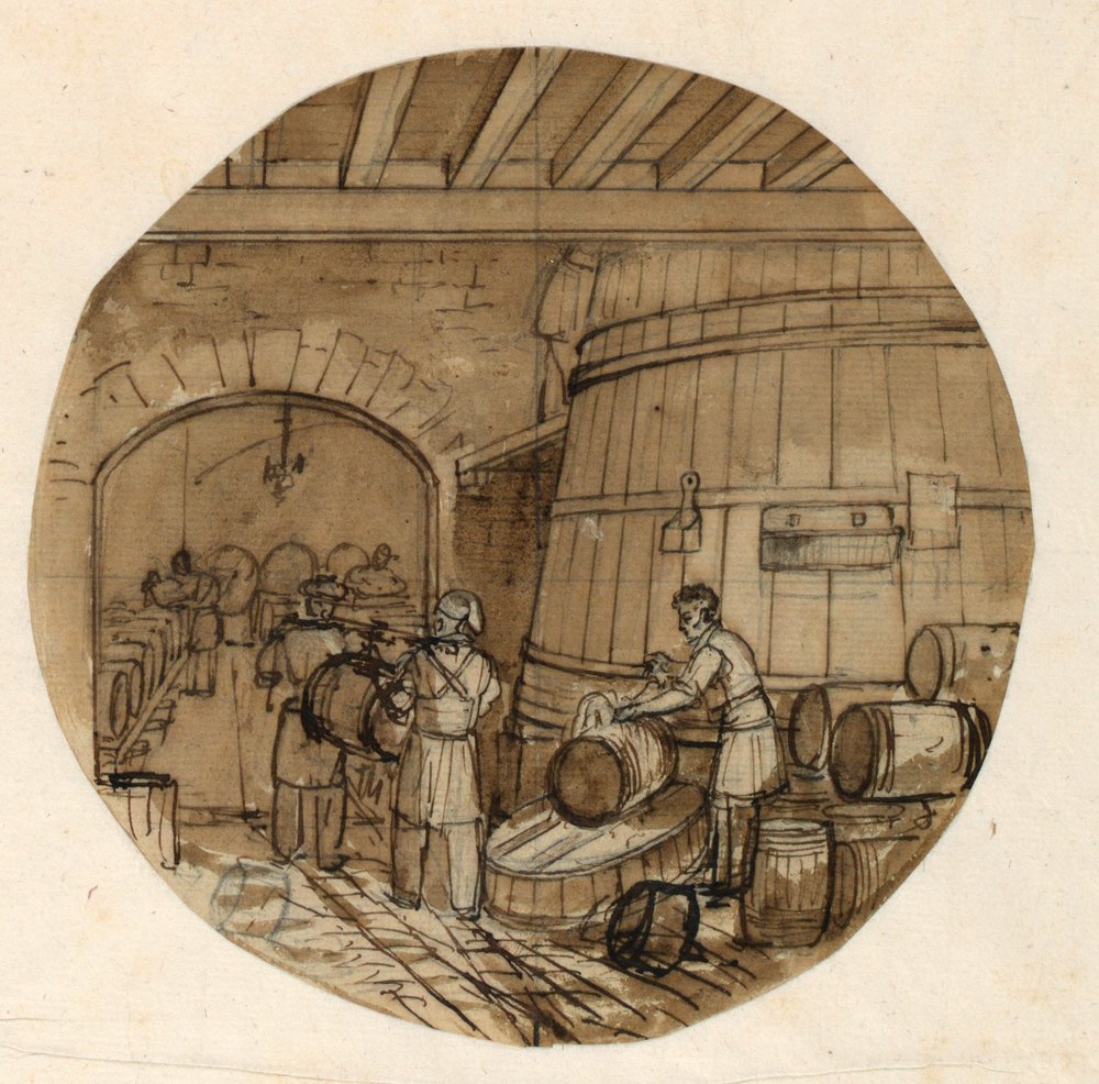Entwurf für einen bemalten Porzellanteller, Innenansicht einer Weindestillerie, 1831–44 von Jean-Charles Develly