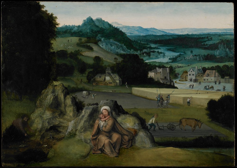 Die Rast auf der Flucht nach Ägypten (Das Wunderfeld des Weizens) um 1518-24 von Joachim (workshop of) Patinir