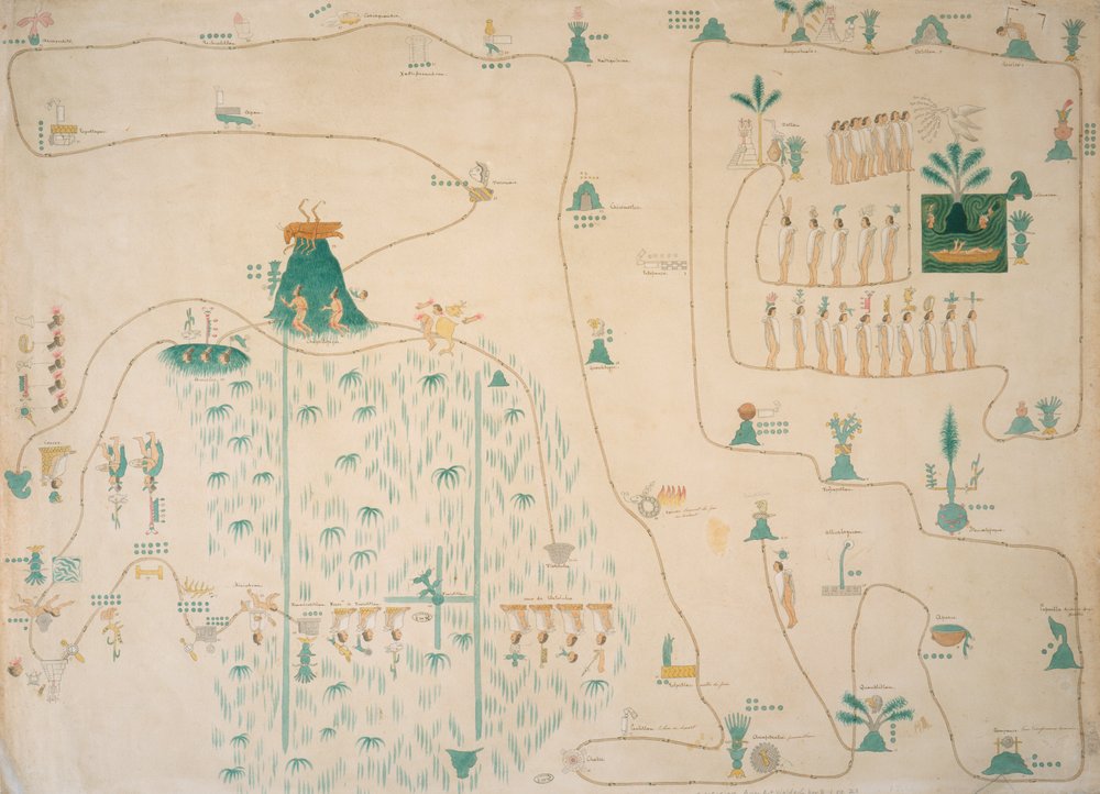 Glyphenkarte der aztekischen Wanderung von Aztlán nach Tenochtitlán, veröffentlicht ca. 1830 von Johann Friedrich Maximilian von Waldeck