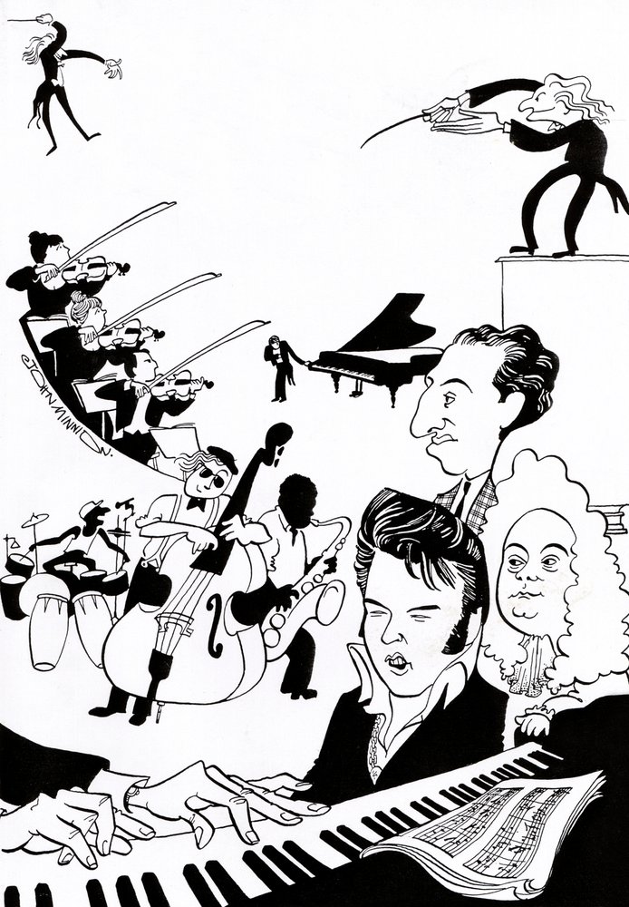 Musik Fantasie - Cover für Musikbuch oder Artikel - mit Dirigenten, Musikern, Instrumenten, Violine, Schlagzeug, Kontrabass, Saxophon, Klavier, Partitur, Elvis, Bach von John Minnion