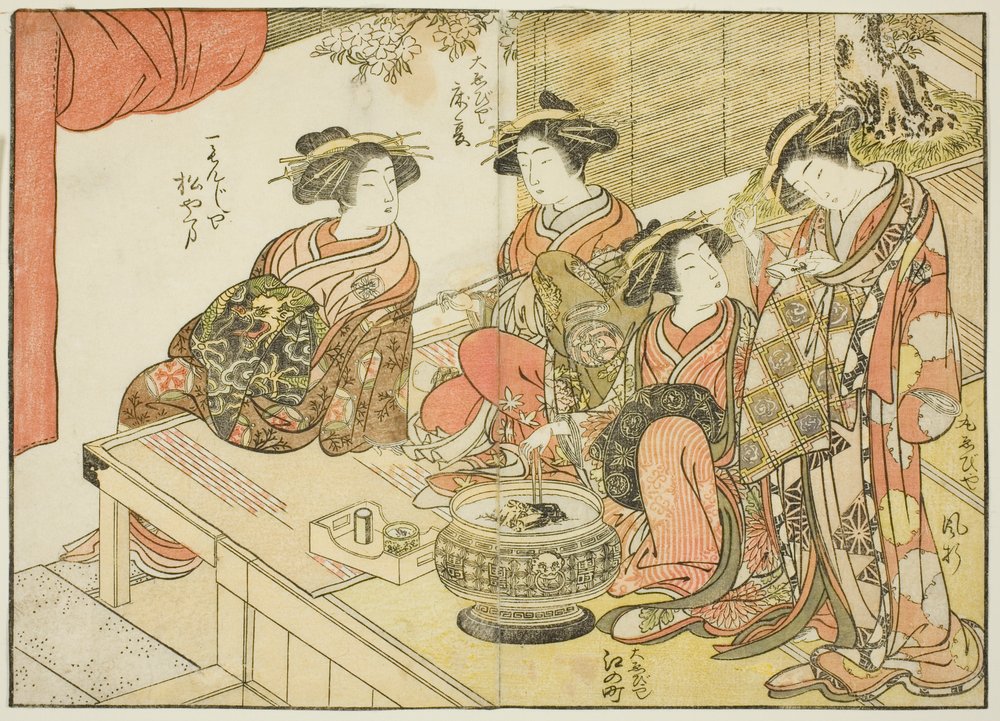 Vier Kurtisanen verschiedener Häuser, aus dem Buch "Spiegel der schönen Frauen der Vergnügungsviertel (Seiro bijin awase sugata kagami)," Bd. 3 von Katsukawa Shunsho