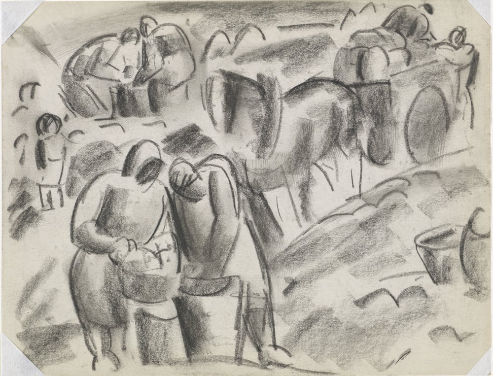 Kartoffelernter auf dem Feld mit Pferd und Wagen von Leo Gestel