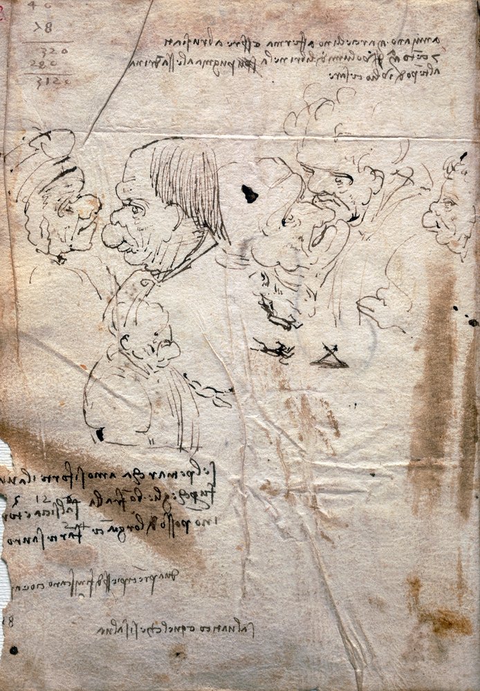 Männliche Karikaturen und Bibliotheksliste, Codex Trivulzianus von Leonardo da Vinci