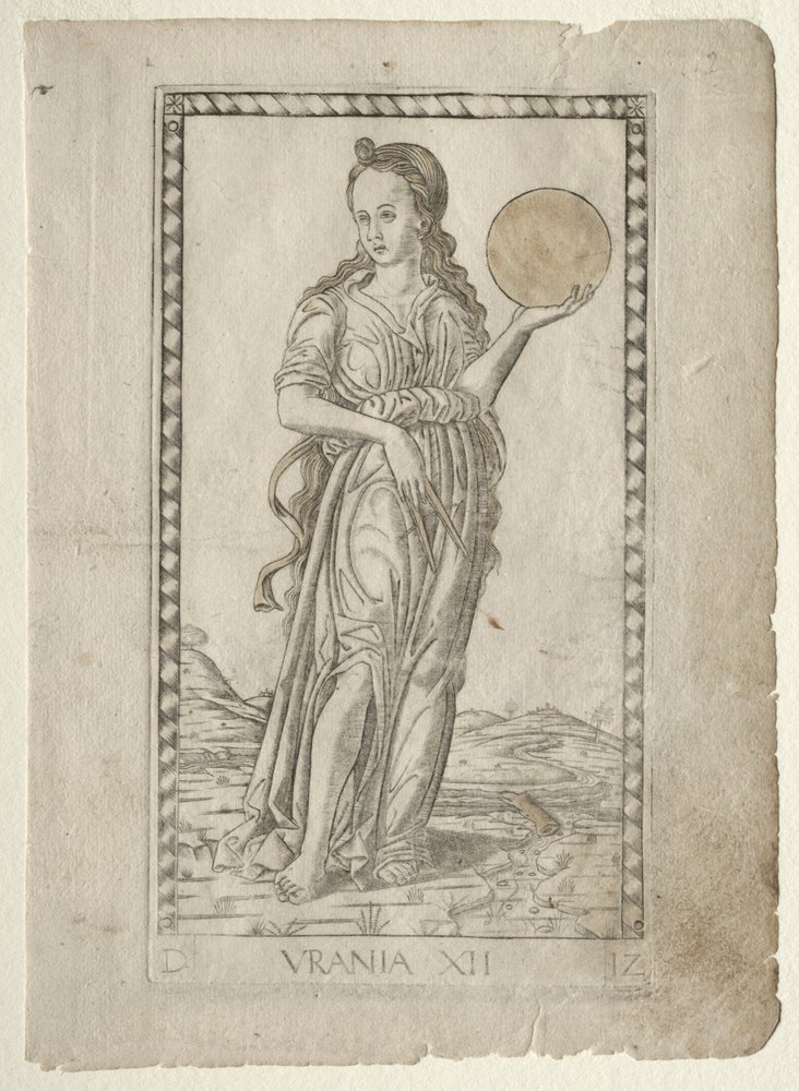 Urania Astronomie aus der Tarocchi-Serie D: Apollo und die Musen, #12, vor 1467 von Master of the E-Series Tarocchi