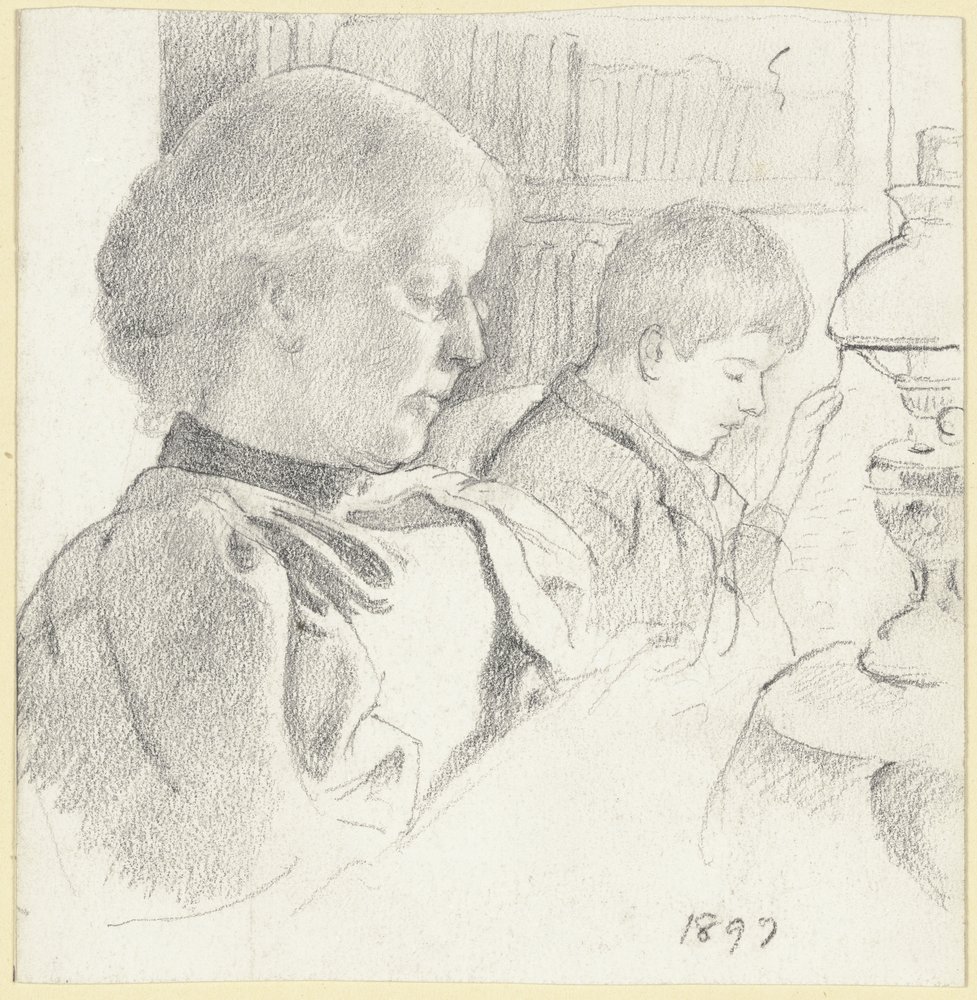 Luise Scholderer und Victor beim Lesen von Otto Scholderer