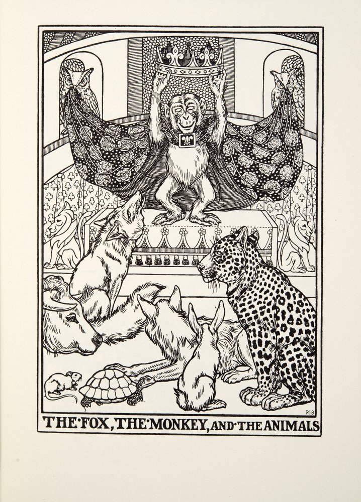 Der Fuchs, der Affe und die Tiere, aus La Fontaines Fabeln, veröffentlicht 1905 von Percy J. Billingshurst