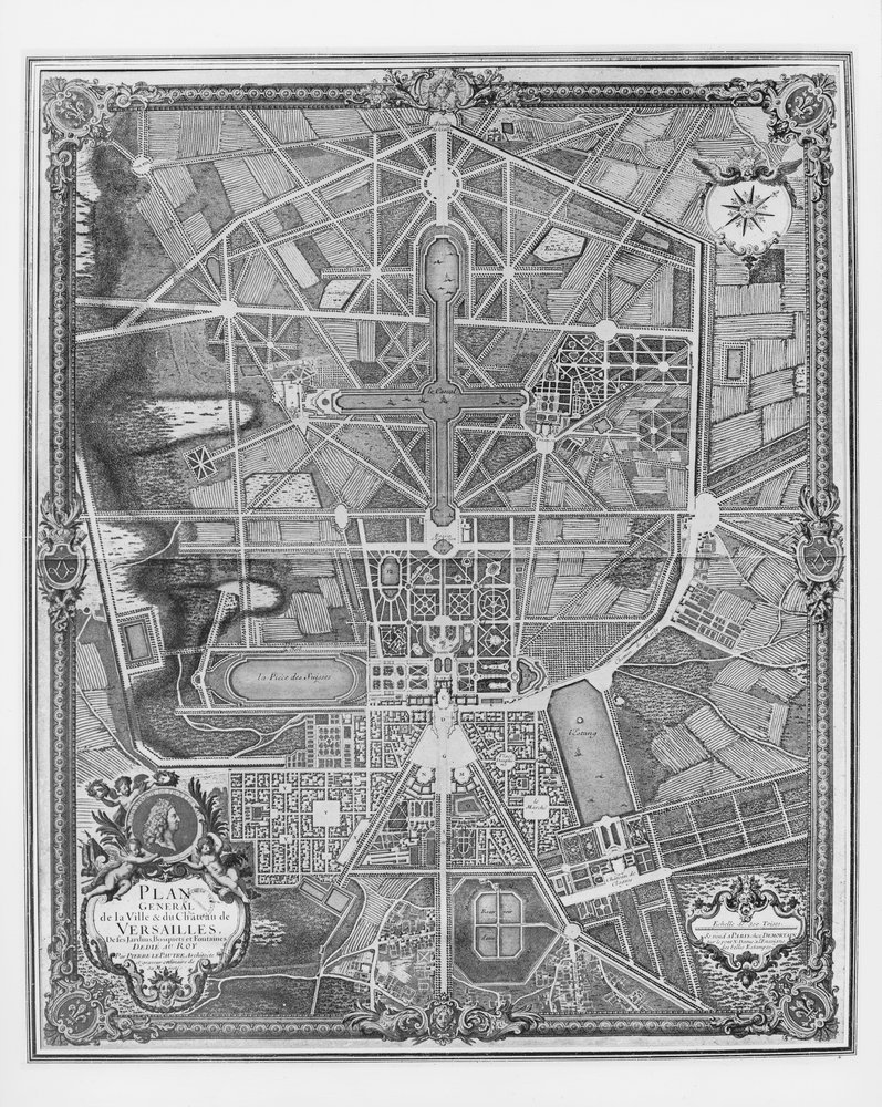 Gesamtplan der Stadt und des Schlosses Versailles mit seinen Gärten, Wäldern und Brunnen von Pierre Lepautre