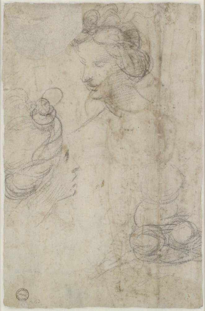 Verso: Zwei weibliche Köpfe und eine Skizze einer hockenden Frau, WA1846.168 von Raffaello Sanzio Raphael